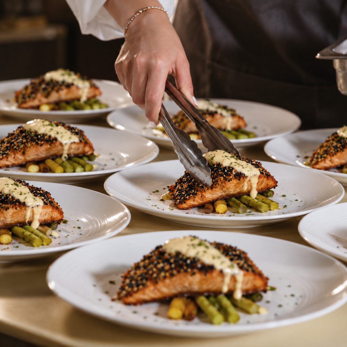 Salmone in crosta di semi su asparagi, rifinito con la salsa al pass