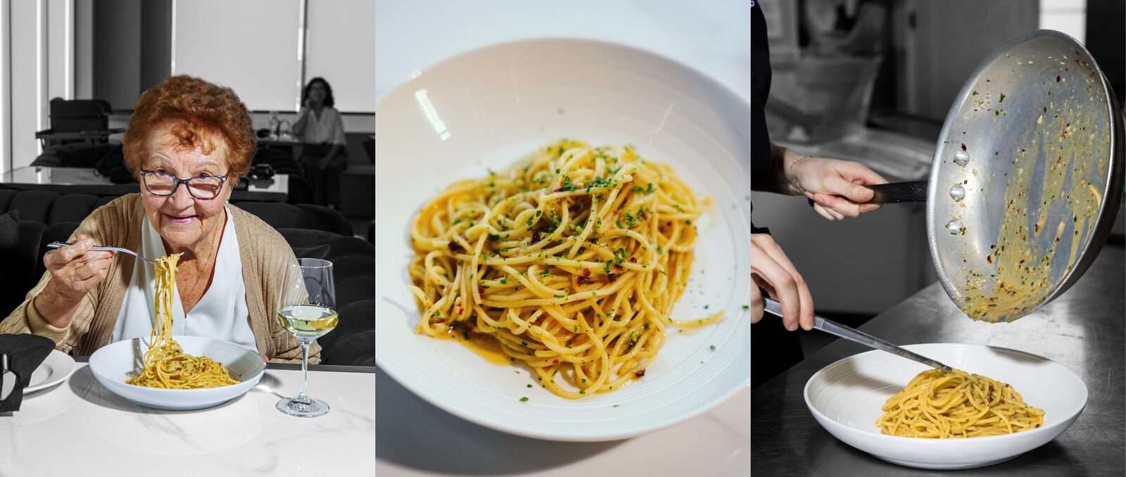 Un’ospite arrotola gli spaghetti al tavolo, il piatto da vicino e la padella versata su una porzione appena fatta