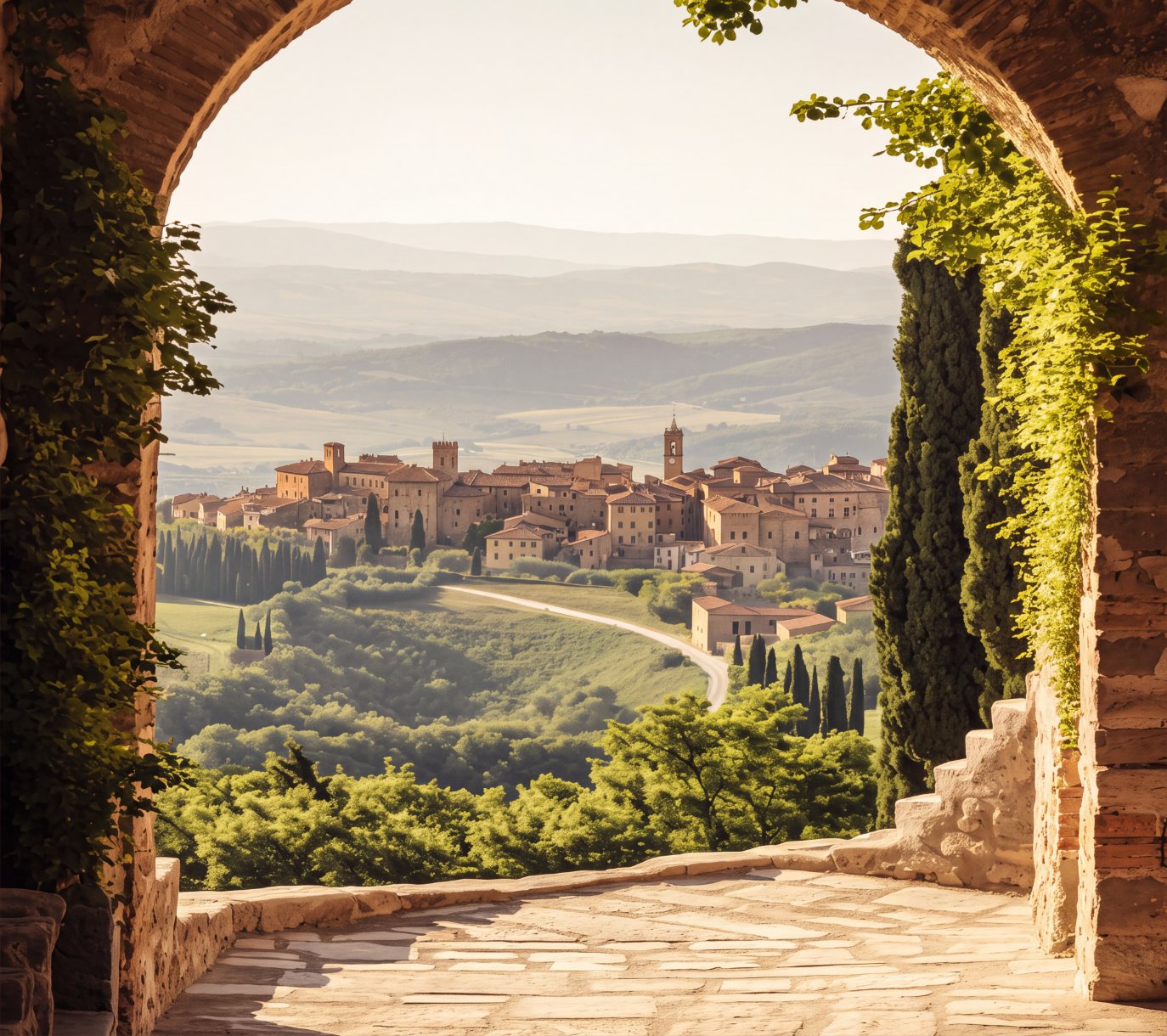 Un borgo toscano visto attraverso un arco di pietra
